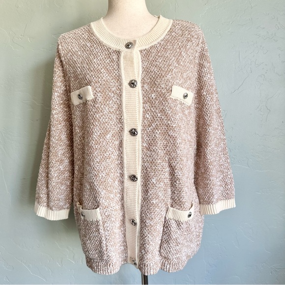 J. Jill Women’s Luxe Contrast Trimmed Knit Sweater Jacket Beige Cream Large EUC - Picture 3 of 8